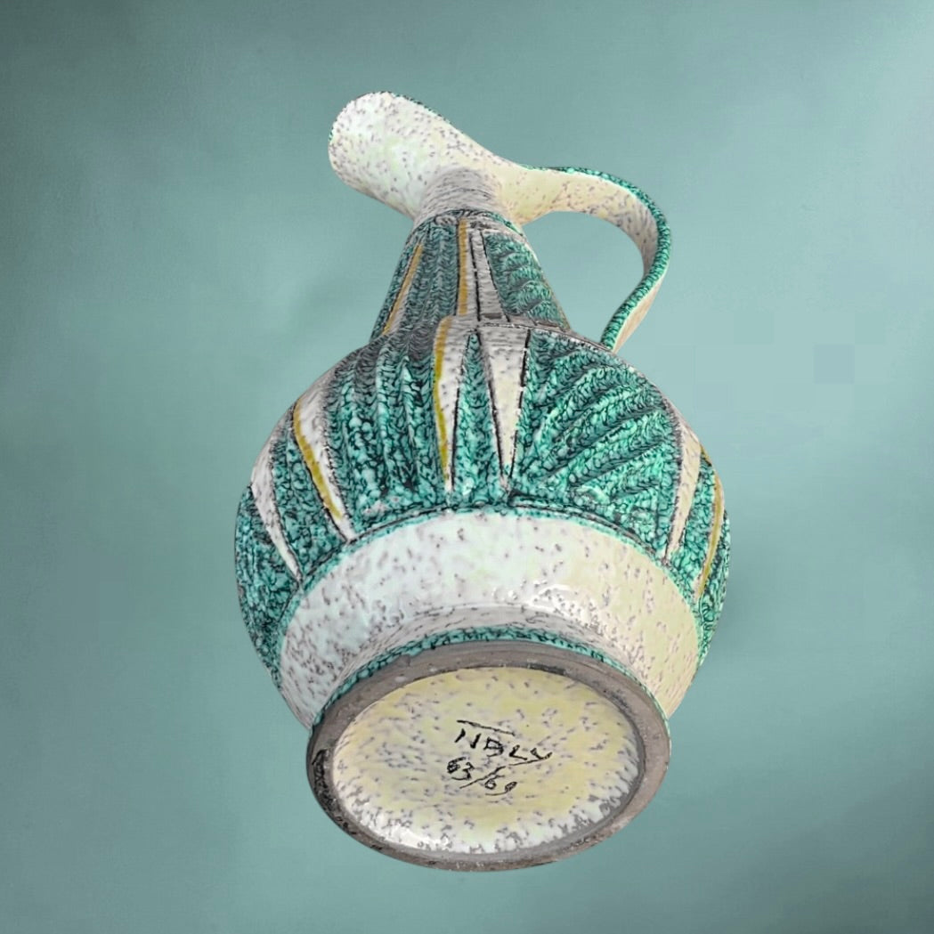 Ancienne Cruche Italienne en Céramique Émaillée Décor Relief Géométrique Vert Turquoise - Années 60