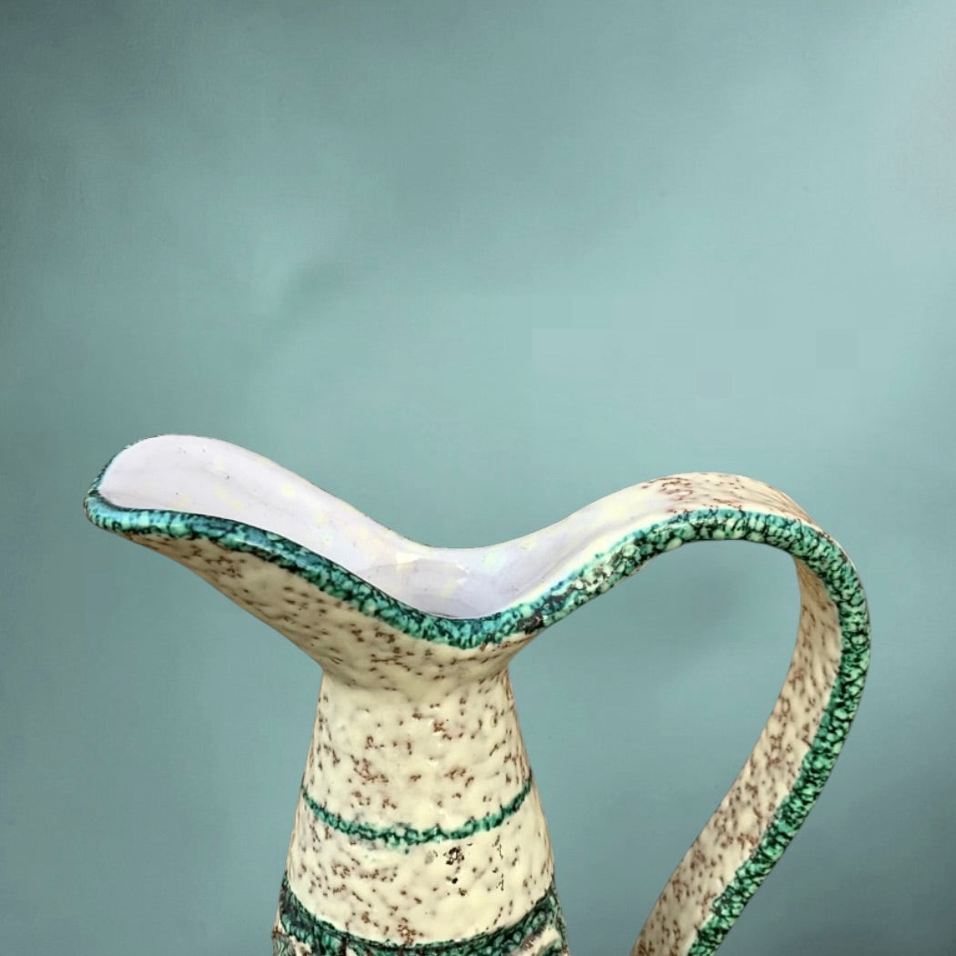 Ancienne Cruche Italienne en Céramique Émaillée Décor Relief Géométrique Vert Turquoise - Années 60