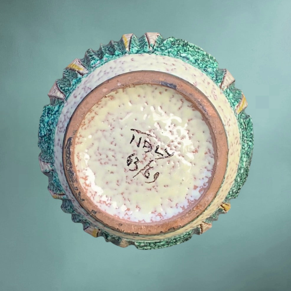 Ancienne Cruche Italienne en Céramique Émaillée Décor Relief Géométrique Vert Turquoise - Années 60