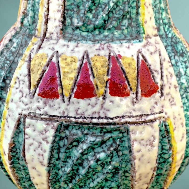 Ancienne Cruche Italienne en Céramique Émaillée Décor Relief Géométrique Vert Turquoise - Années 60