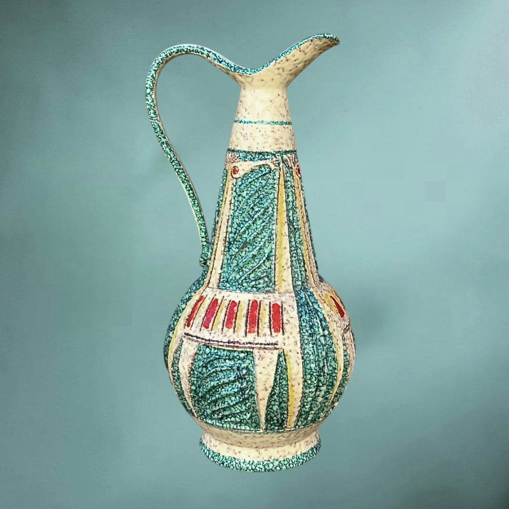 Ancienne Cruche Italienne en Céramique Émaillée Décor Relief Géométrique Vert Turquoise - Années 60