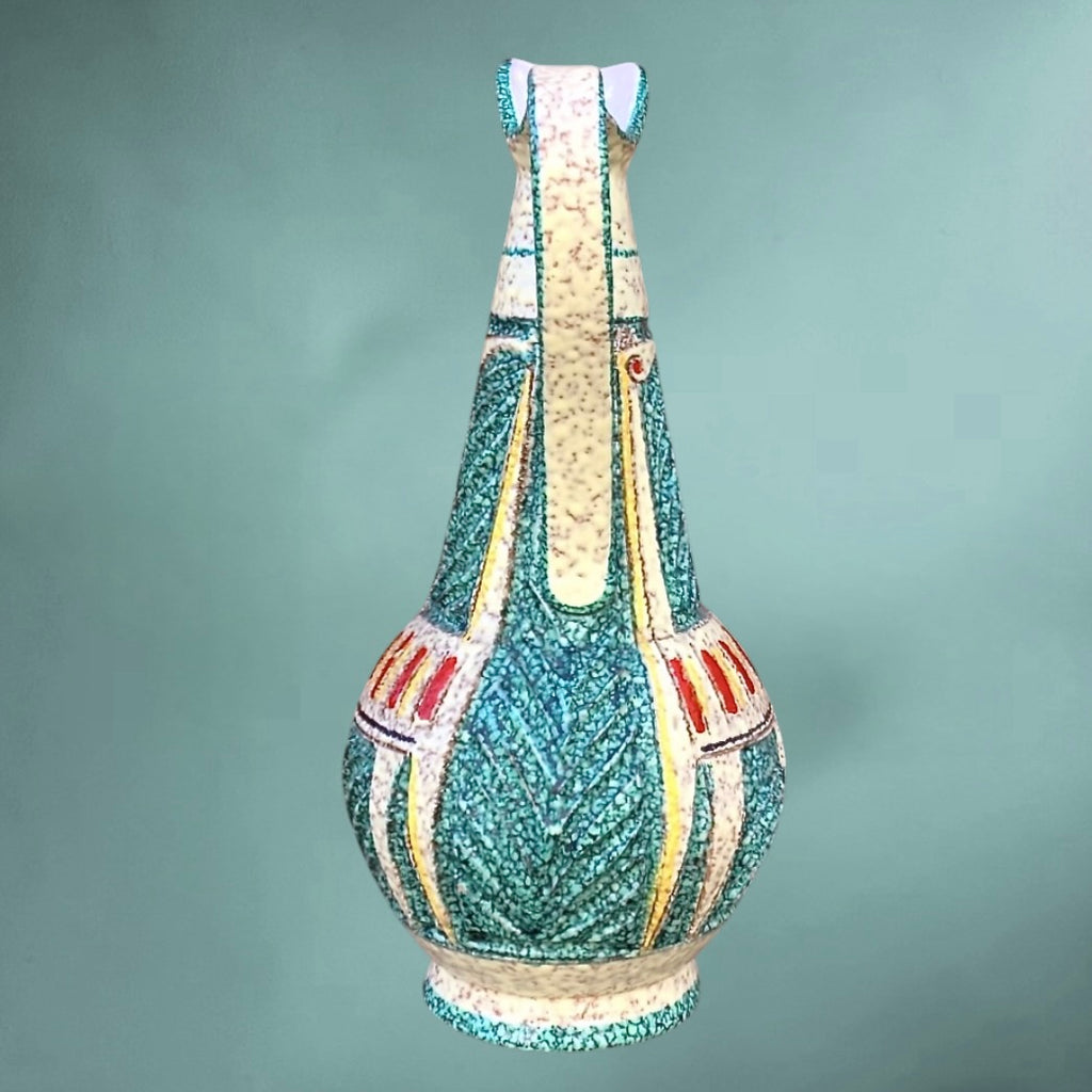 Ancienne Cruche Italienne en Céramique Émaillée Décor Relief Géométrique Vert Turquoise - Années 60