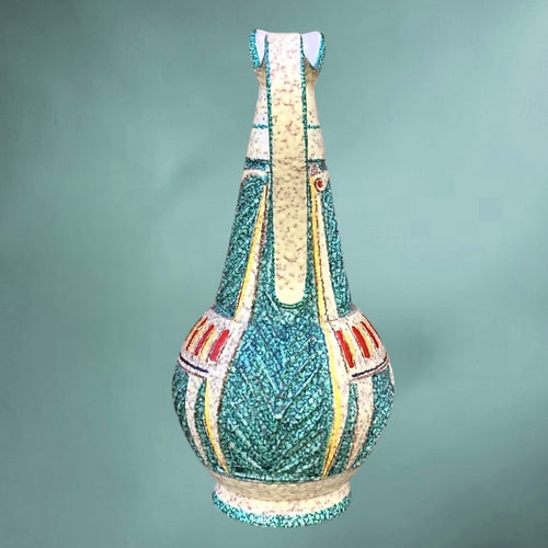 Ancienne Cruche Italienne en Céramique Émaillée Décor Relief Géométrique Vert Turquoise - Années 60