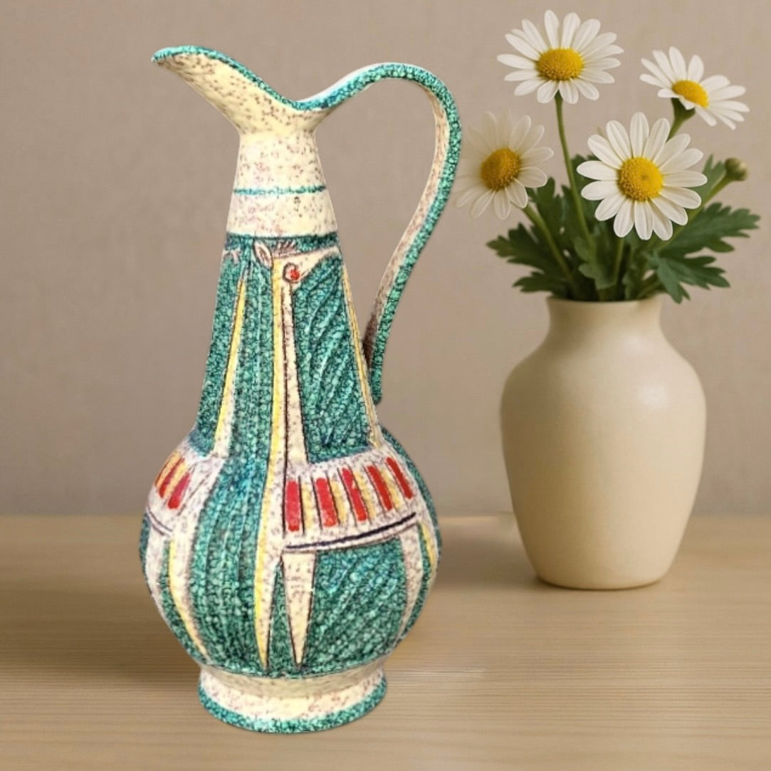 Ancienne Cruche Italienne en Céramique Émaillée Décor Relief Géométrique Vert Turquoise - Années 60