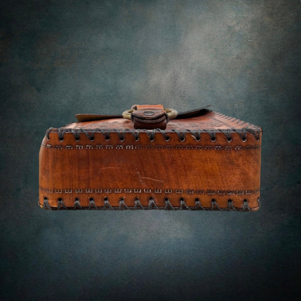 Ancien Sac en Cuir Estampé Espagne Elche Bandoulière Réglable Années 70