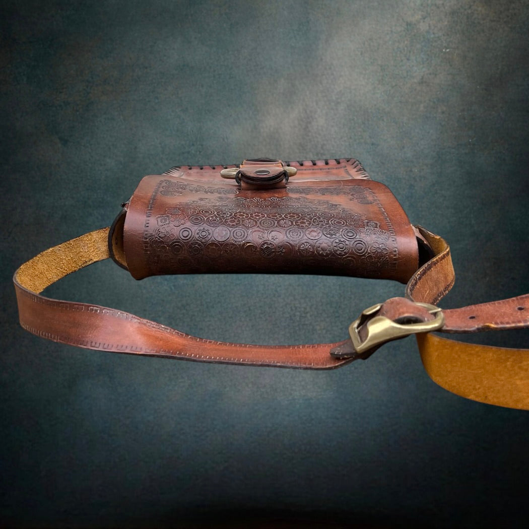 Ancien Sac en Cuir Estampé Espagne Elche Bandoulière Réglable Années 70