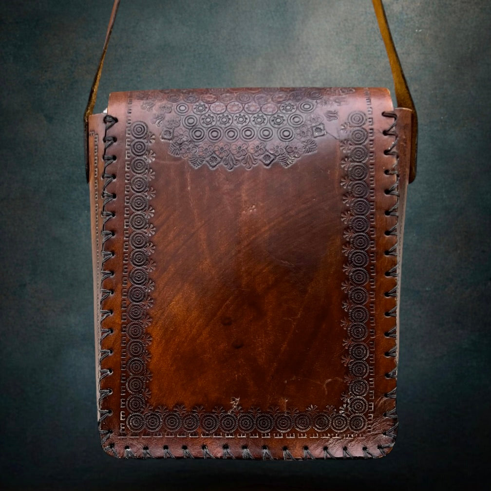 Ancien Sac en Cuir Estampé Espagne Elche Bandoulière Réglable Années 70