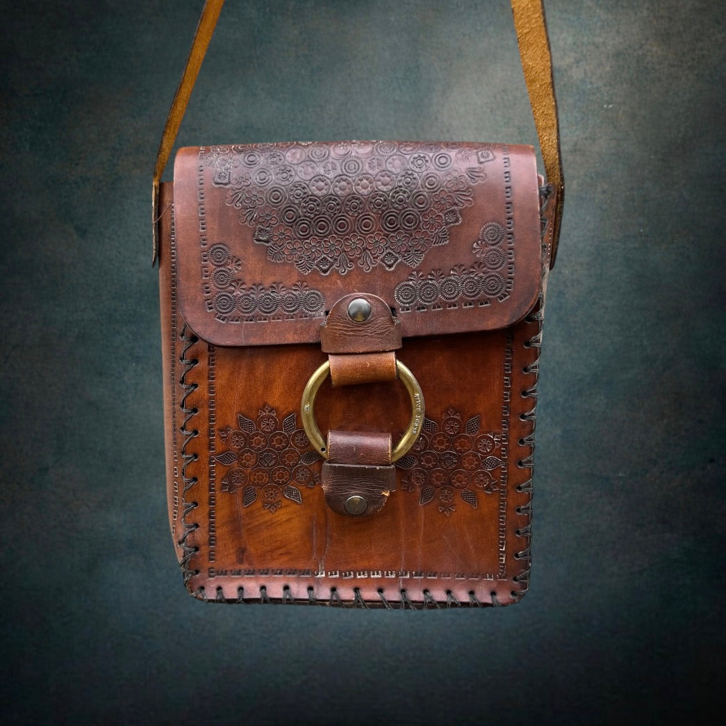 Ancien Sac en Cuir Estampé Espagne Elche Bandoulière Réglable Années 70