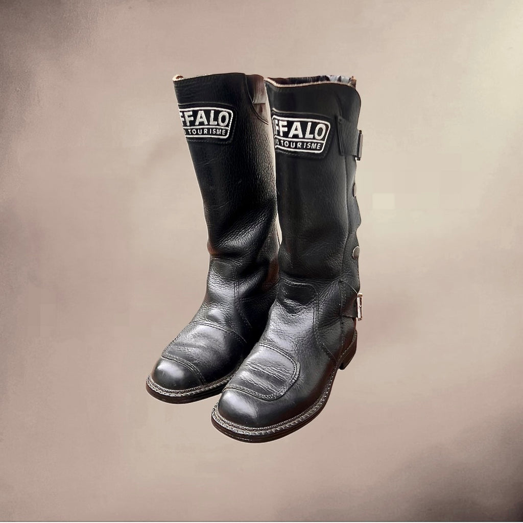 Paire De Bottes Moto Buffalo Grand Tourisme En Cuir Noir Semelles Golf Made In France Années 70 80