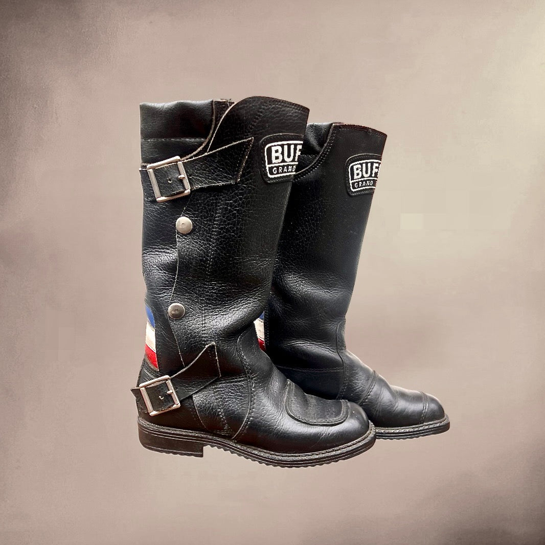 Paire De Bottes Moto Buffalo Grand Tourisme En Cuir Noir Semelles Golf Made In France Années 70 80