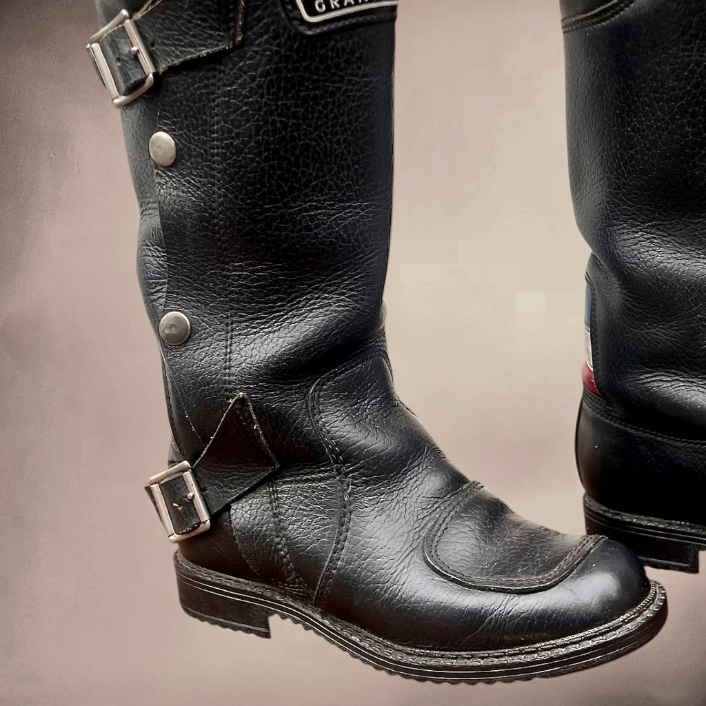 Paire De Bottes Moto Buffalo Grand Tourisme En Cuir Noir Semelles Golf Made In France Années 70 80