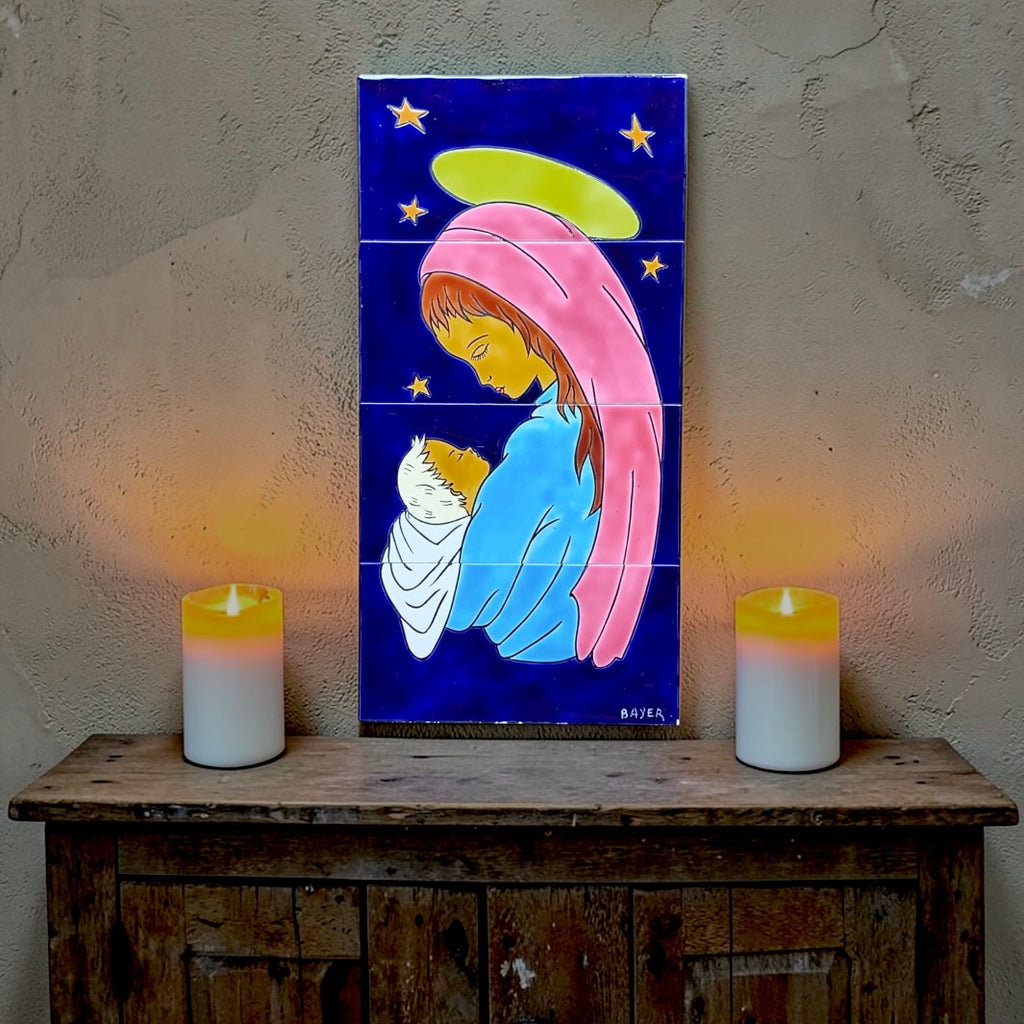 Plaque Murale en Céramique Peinte Vierge à l’Enfant Signée Bayer - Belgique - Années 60