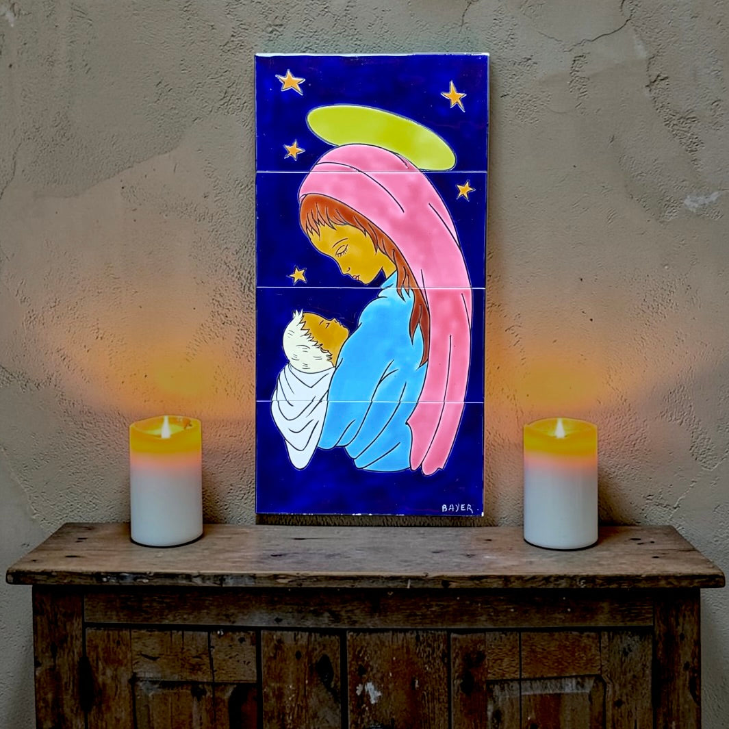Plaque Murale en Céramique Peinte Vierge à l’Enfant Signée Bayer - Belgique - Années 60