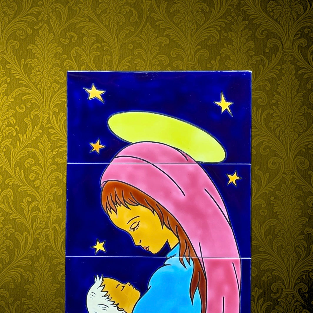 Plaque Murale en Céramique Peinte Vierge à l’Enfant Signée Bayer - Belgique - Années 60
