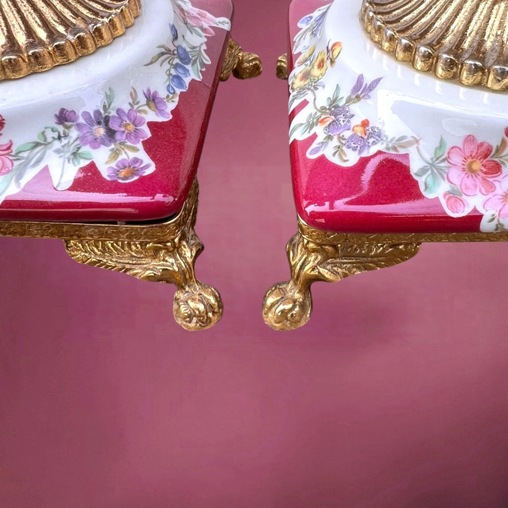 Paire de Chandeliers ALFA Céramiche Céramique Vernissée et Métal Doré Décor Floral - Années 60