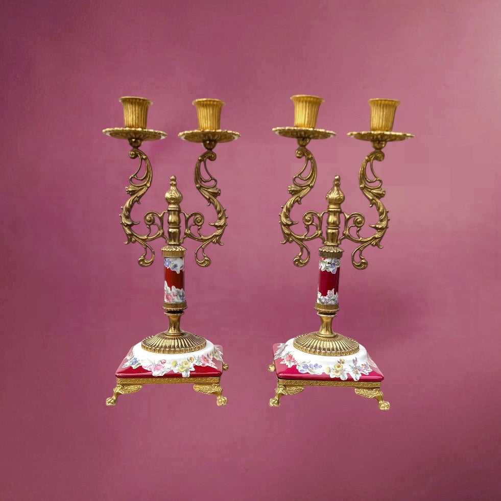 Paire Chandeliers ALFA Céramiche Céramique Fleurie Et Métal Doré Années 60
