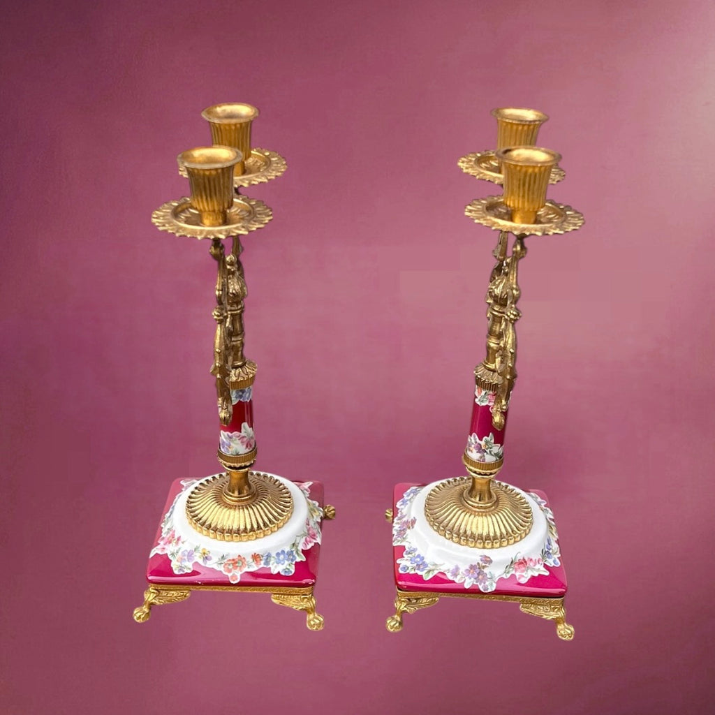 Paire de Chandeliers ALFA Céramiche Céramique Vernissée et Métal Doré Décor Floral - Années 60