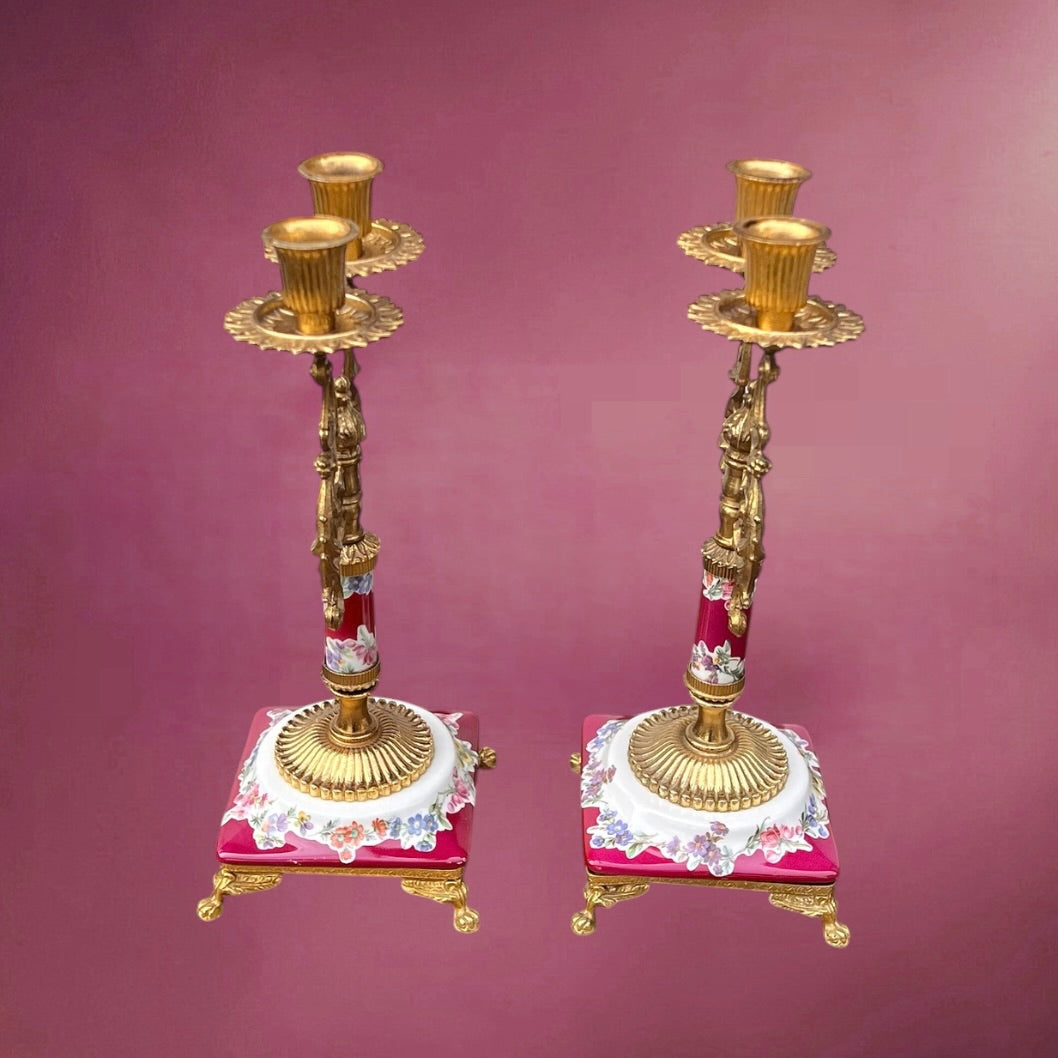 Paire de Chandeliers ALFA Céramiche Céramique Vernissée et Métal Doré Décor Floral - Années 60
