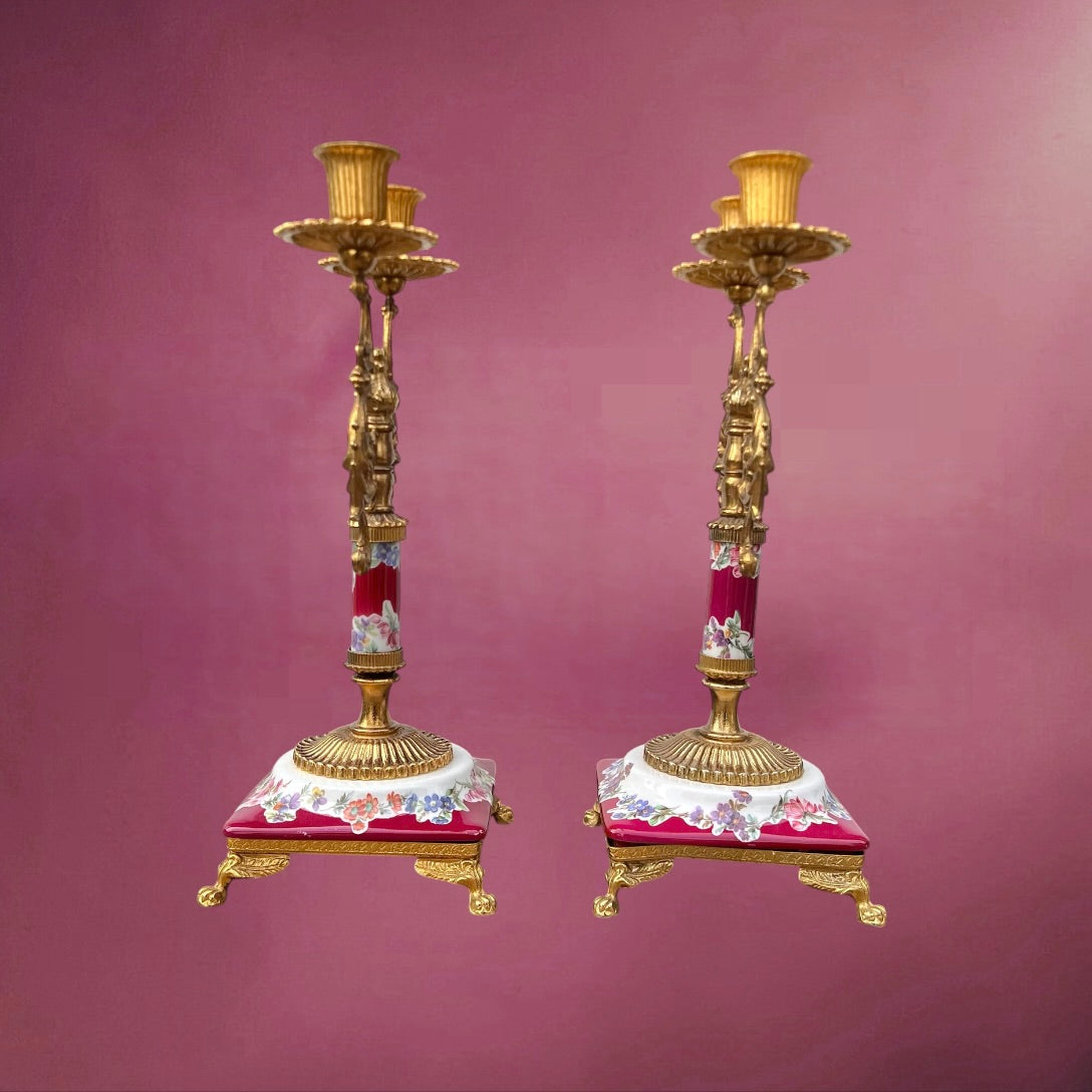 Paire de Chandeliers ALFA Céramiche Céramique Vernissée et Métal Doré Décor Floral - Années 60