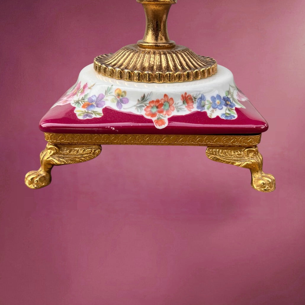 Paire de Chandeliers ALFA Céramiche Céramique Vernissée et Métal Doré Décor Floral - Années 60