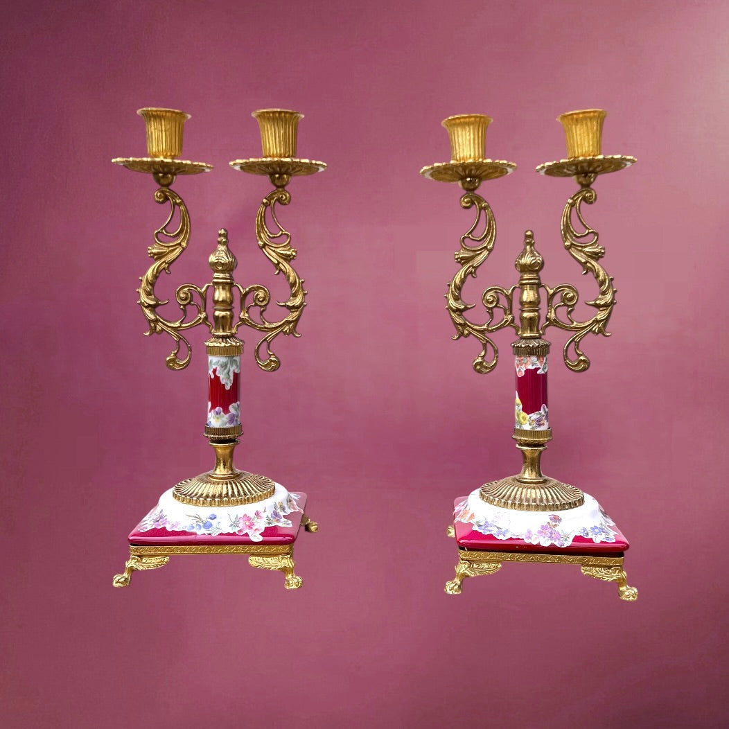 Paire de Chandeliers ALFA Céramiche Céramique Vernissée et Métal Doré Décor Floral - Années 60