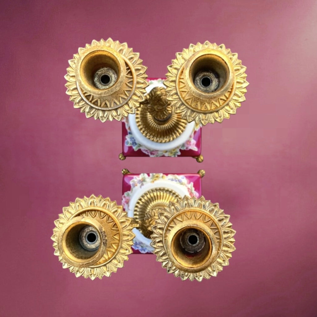 Paire de Chandeliers ALFA Céramiche Céramique Vernissée et Métal Doré Décor Floral - Années 60