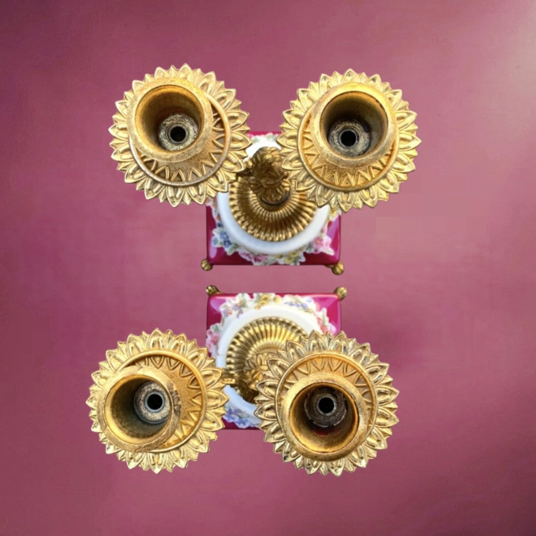 Paire de Chandeliers ALFA Céramiche Céramique Vernissée et Métal Doré Décor Floral - Années 60