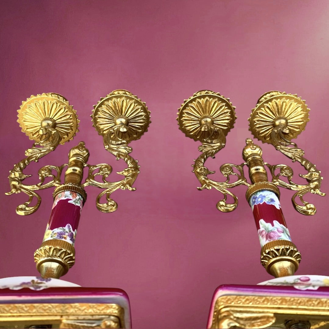 Paire de Chandeliers ALFA Céramiche Céramique Vernissée et Métal Doré Décor Floral - Années 60