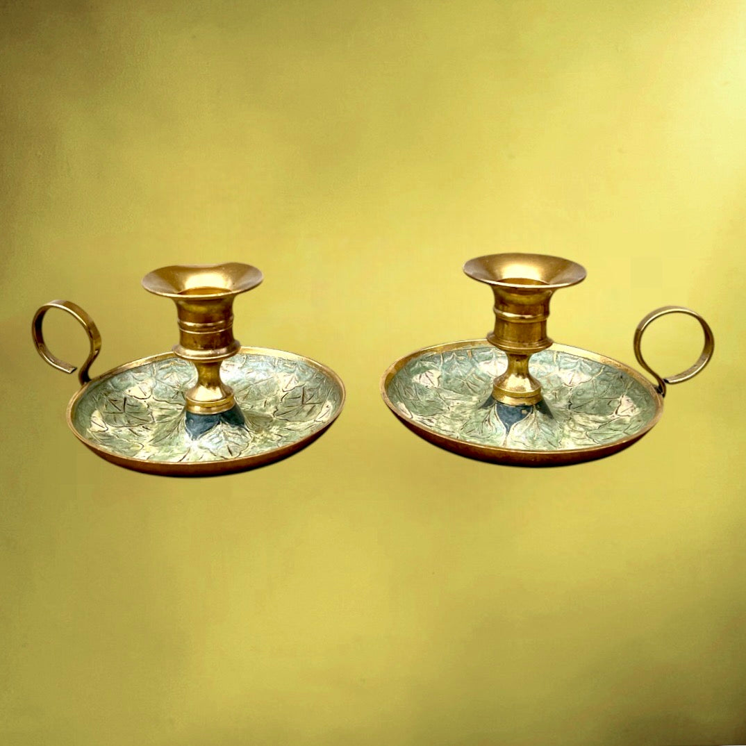 Paire Bougeoirs Rat De Cave Laiton Doré Émaillé Décor Feuillage Années 50
