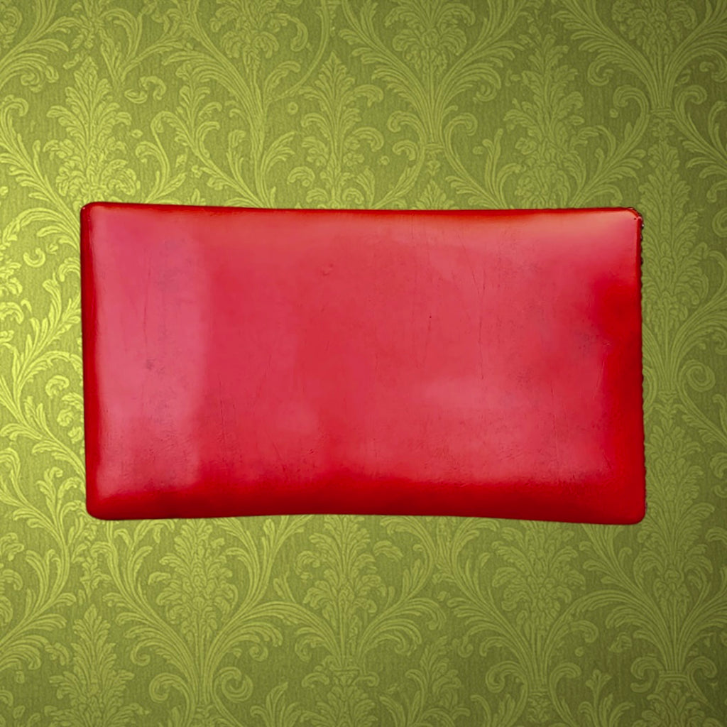 Repose-pied Scandinave Skaï Rouge Pieds Compas Bois Verni Clous Décoratifs - années 50 60
