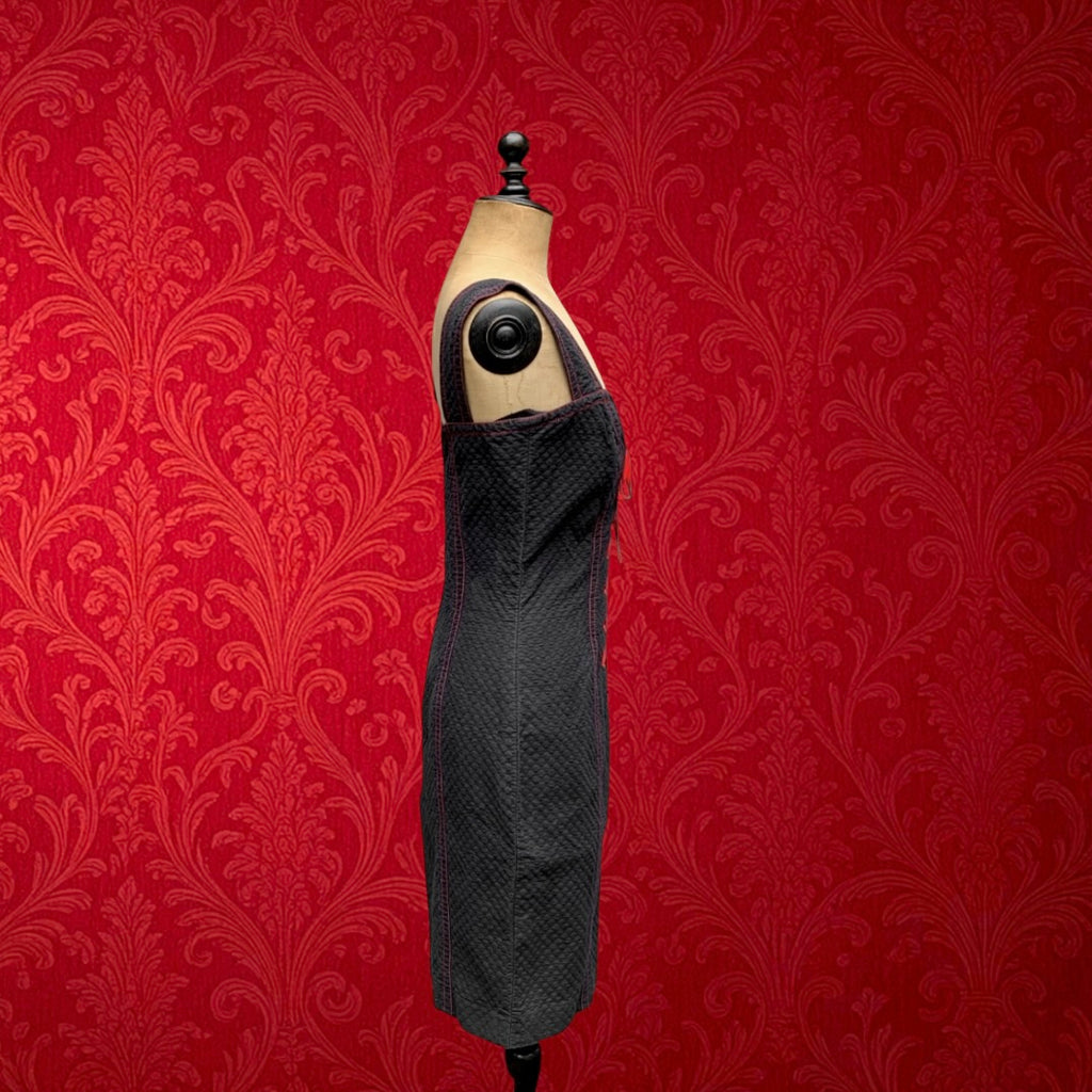 Robe Yves Saint Laurent Variation Coton Noir Surpiqûres Rouges Lacée - Années 80