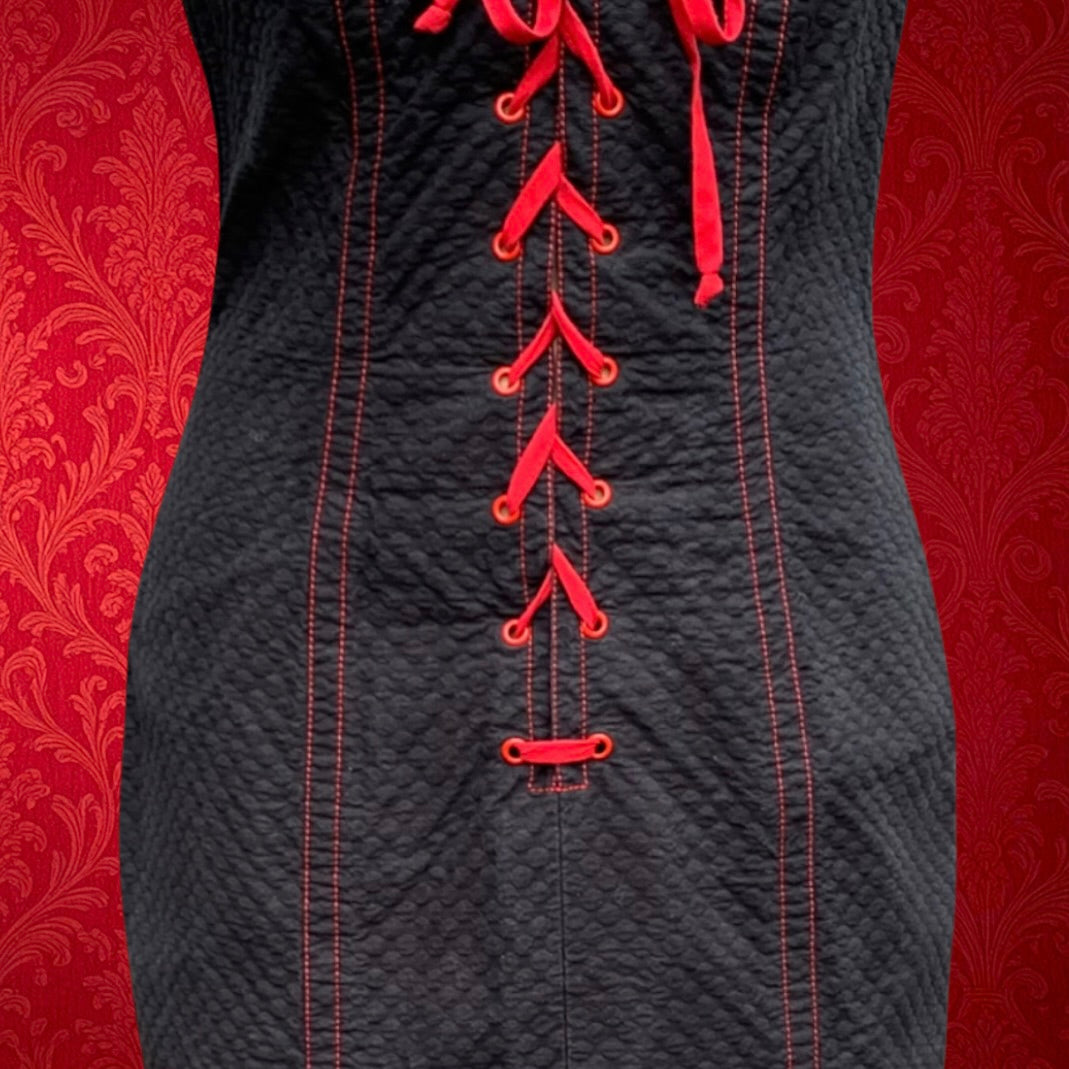 Robe Yves Saint Laurent Variation Coton Noir Surpiqûres Rouges Lacée - Années 80