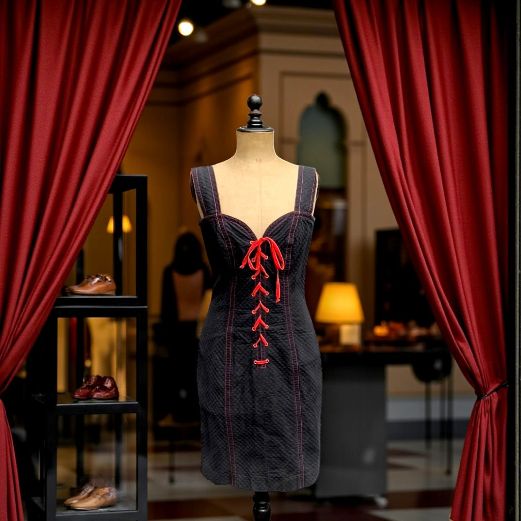 Robe Yves Saint Laurent Variation Coton Noir Surpiqûres Rouges Lacée - Années 80