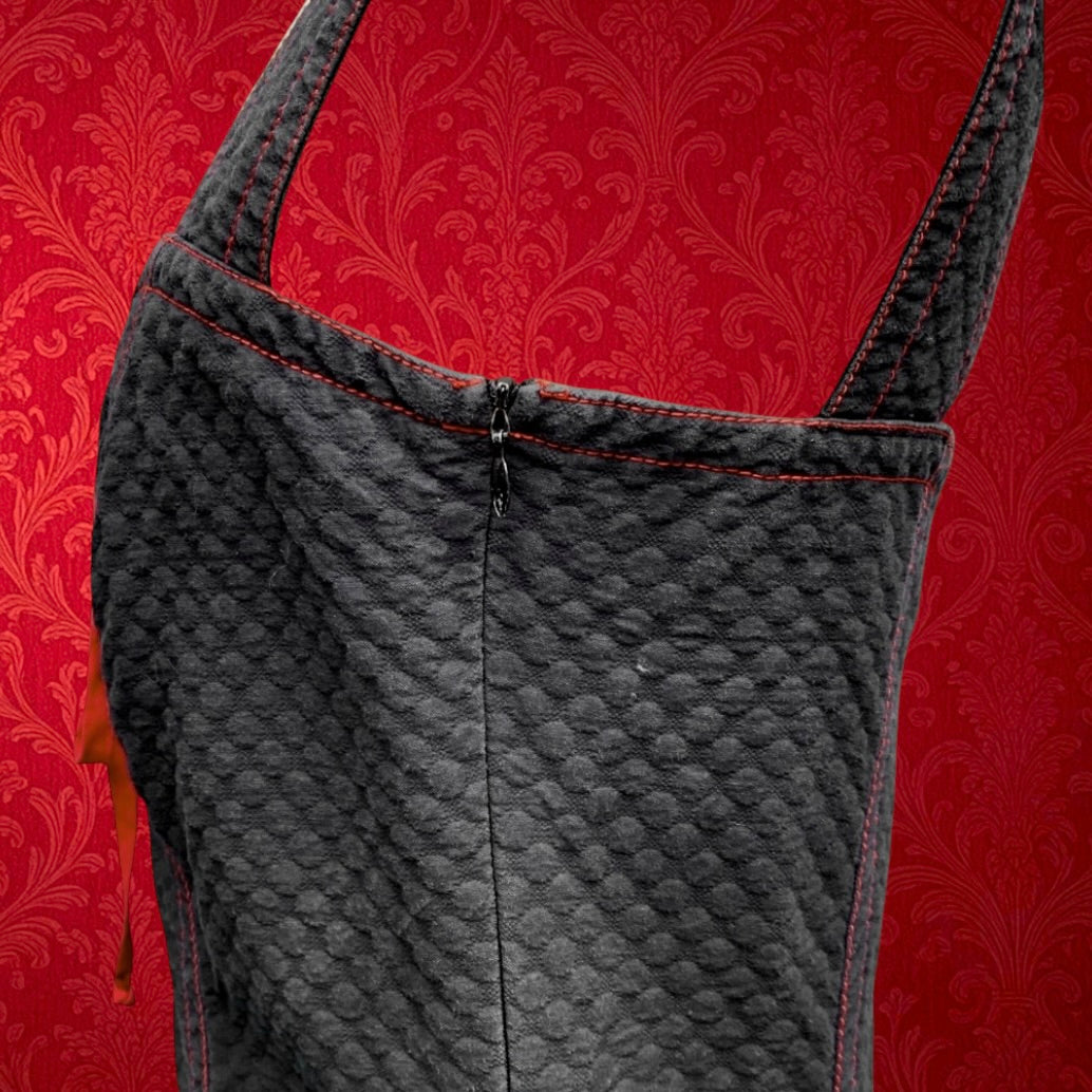 Robe Yves Saint Laurent Variation Coton Noir Surpiqûres Rouges Lacée - Années 80