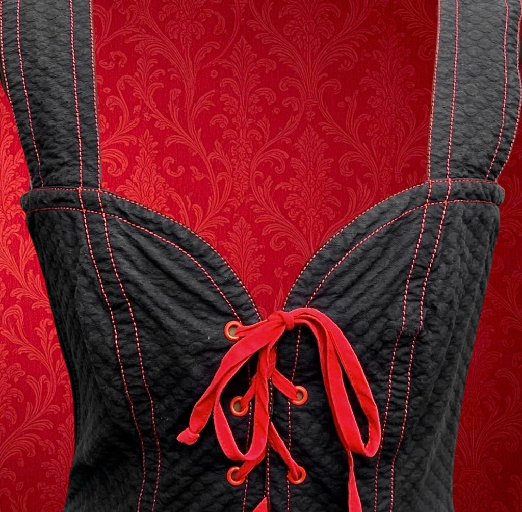 Robe Yves Saint Laurent Variation Coton Noir Surpiqûres Rouges Lacée - Années 80