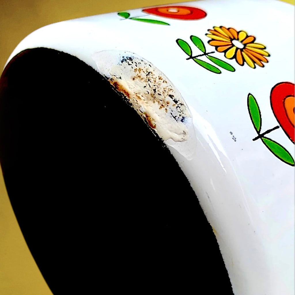 Cafetière Allemande Siegwerk Émail Blanc Décor Floral Bakélite Années 60 70