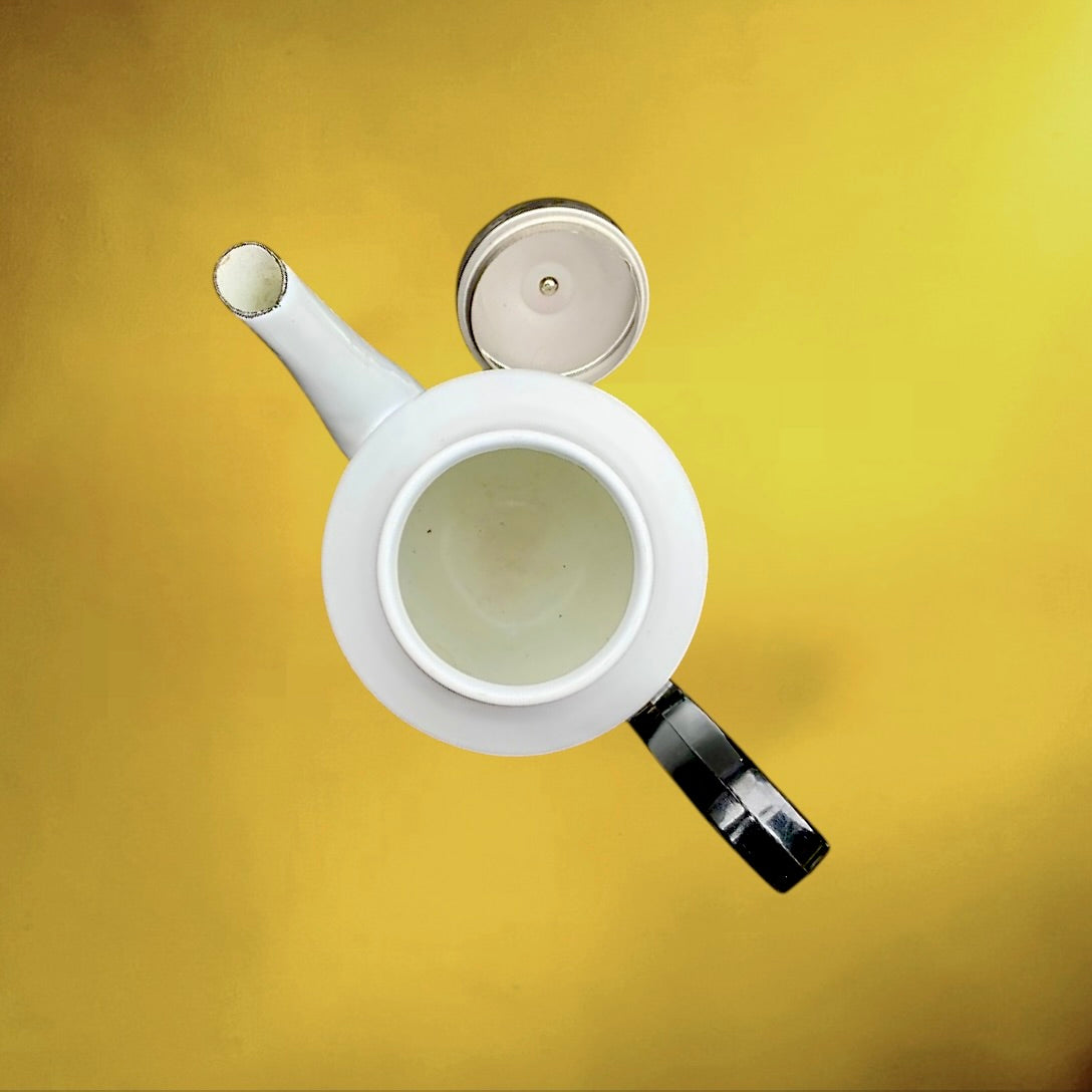Cafetière Allemande Siegwerk Émail Blanc Décor Floral Bakélite Années 60 70