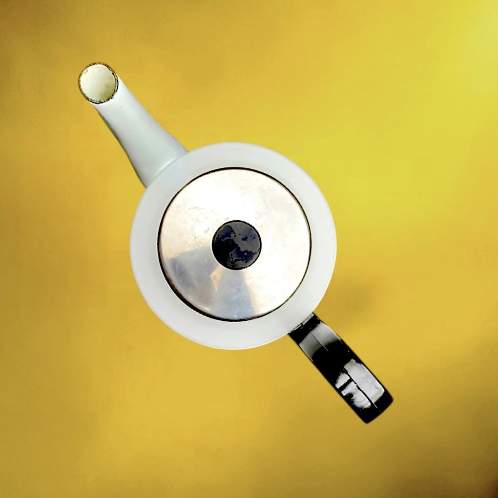 Cafetière Allemande Siegwerk Émail Blanc Décor Floral Bakélite Années 60 70