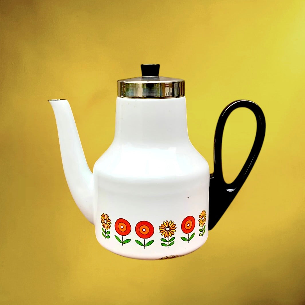 Cafetière Allemande Siegwerk Émail Blanc Décor Floral Bakélite Années 60 70