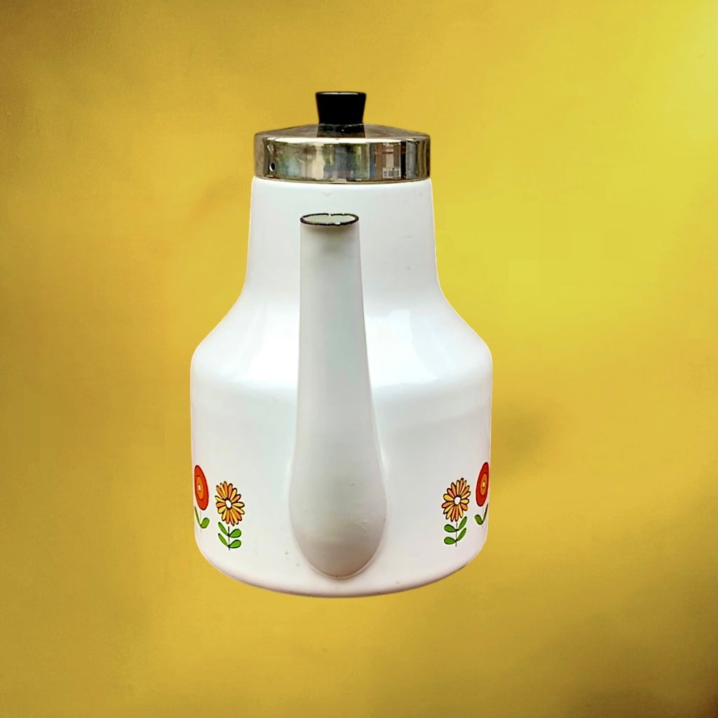 Cafetière Allemande Siegwerk Émail Blanc Décor Floral Bakélite Années 60 70