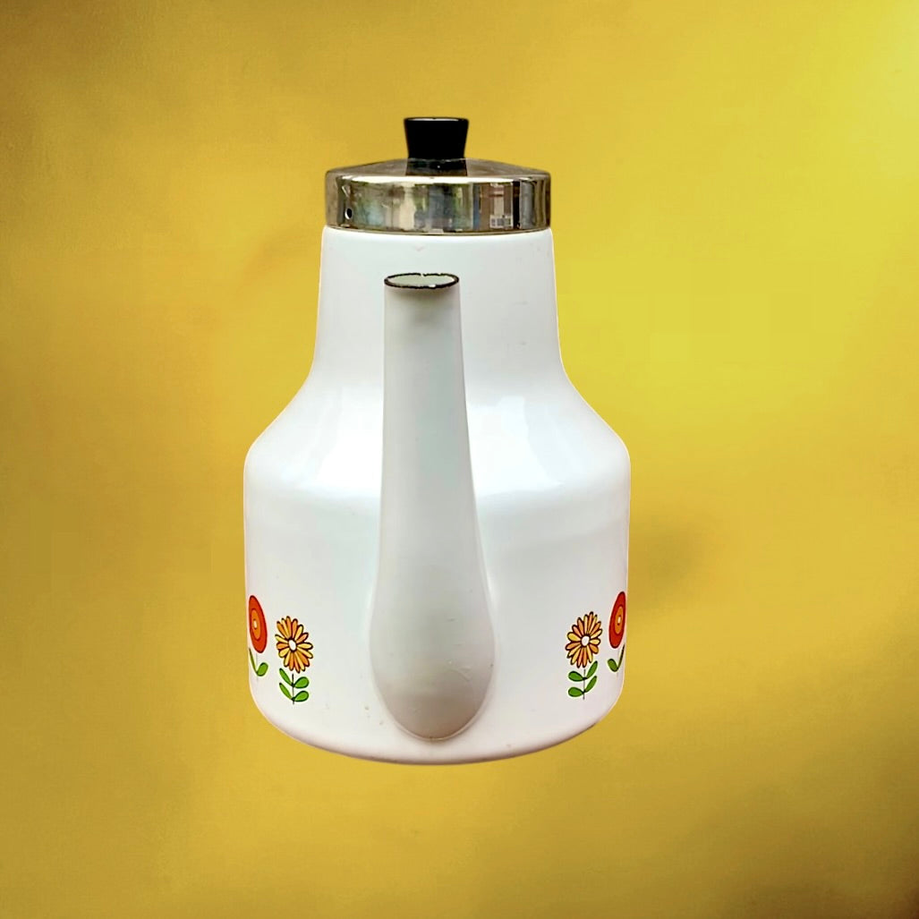 Cafetière Allemande Siegwerk Émail Blanc Décor Floral Bakélite Années 60 70