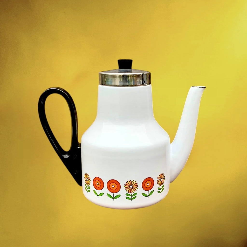 Cafetière Émaillée Blanche Fleurs Années 70
