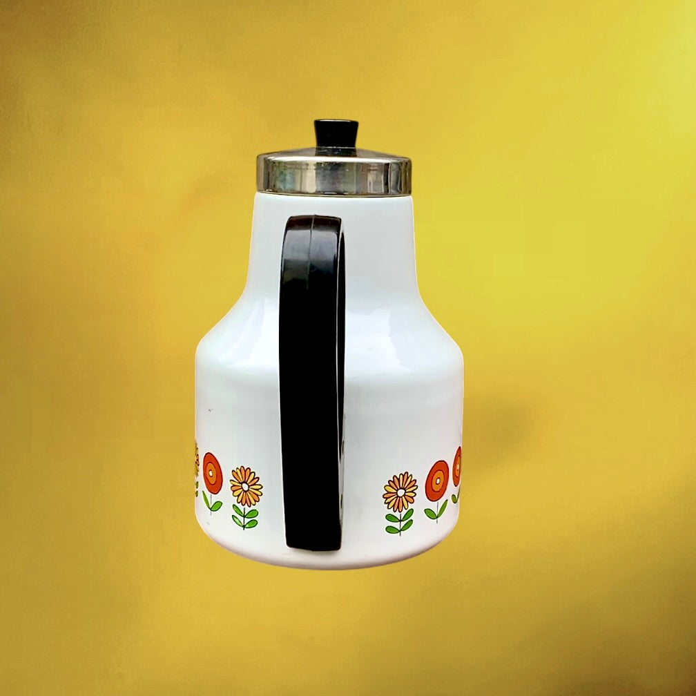 Cafetière Allemande Siegwerk Émail Blanc Décor Floral Bakélite Années 60 70