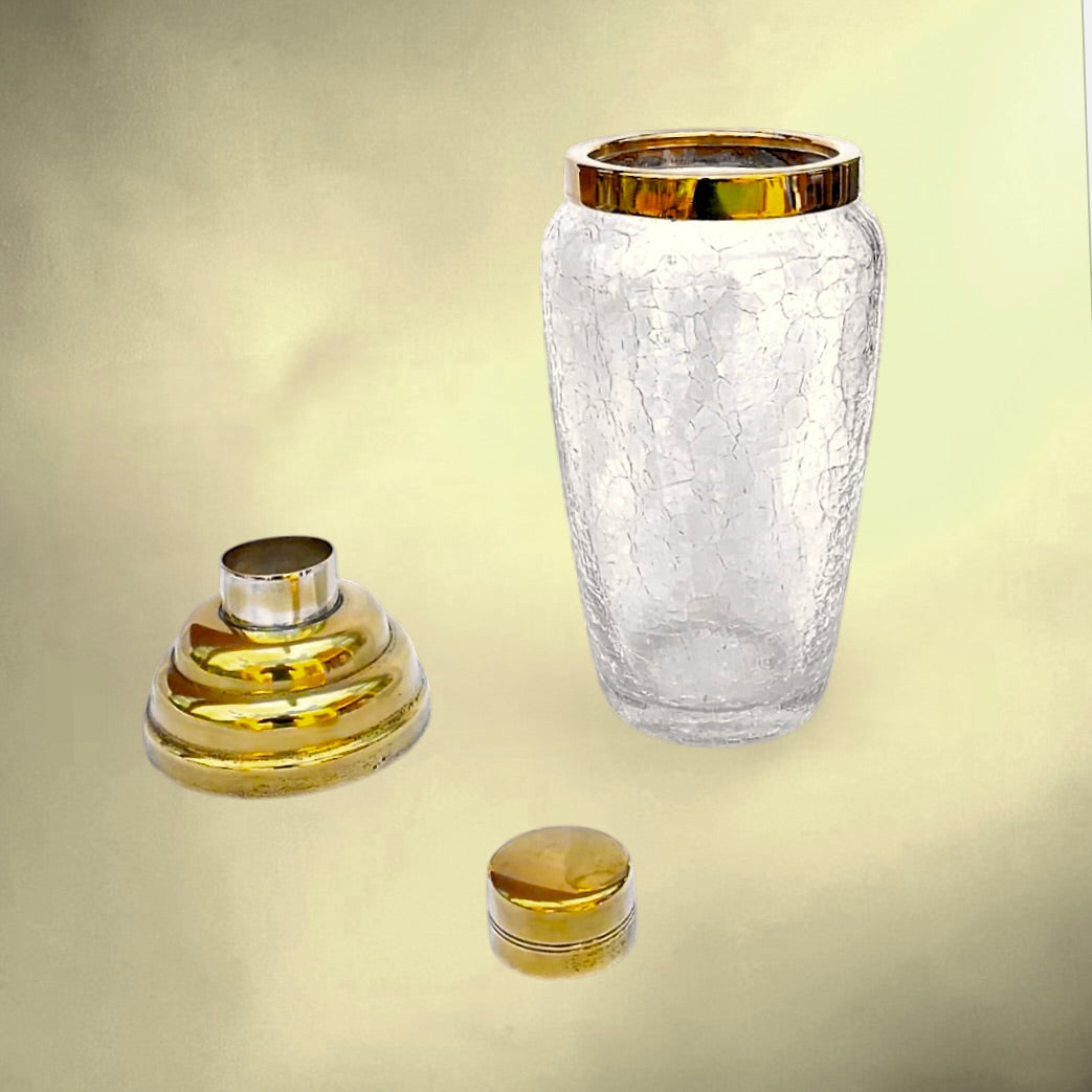 Shaker Cocktail Verre Craquelé et Métal Doré – Années 70