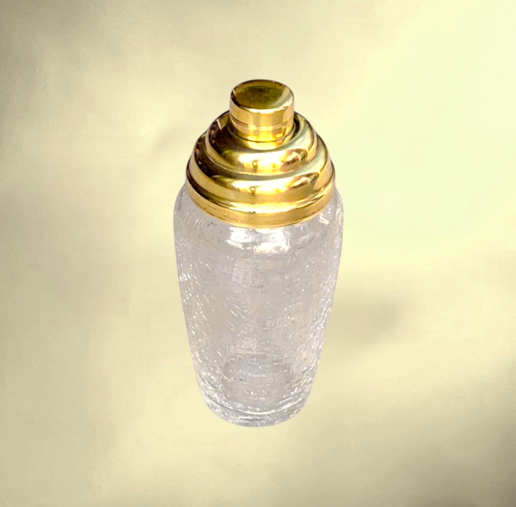 Shaker Cocktail Verre Craquelé et Métal Doré – Années 70