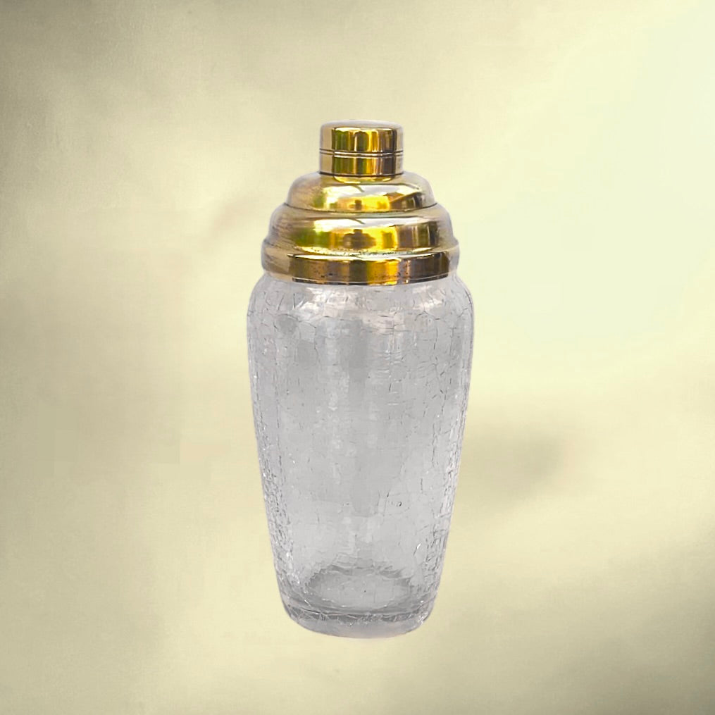 Shaker Cocktail Verre Craquelé et Métal Doré – Années 70
