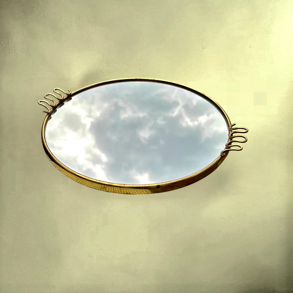 Plateau Miroir Rond en Métal Doré Style Josef Frank - Années 50 60