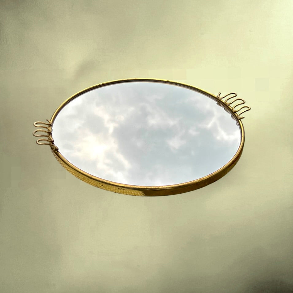 Plateau Miroir Rond en Métal Doré Style Josef Frank - Années 50 60