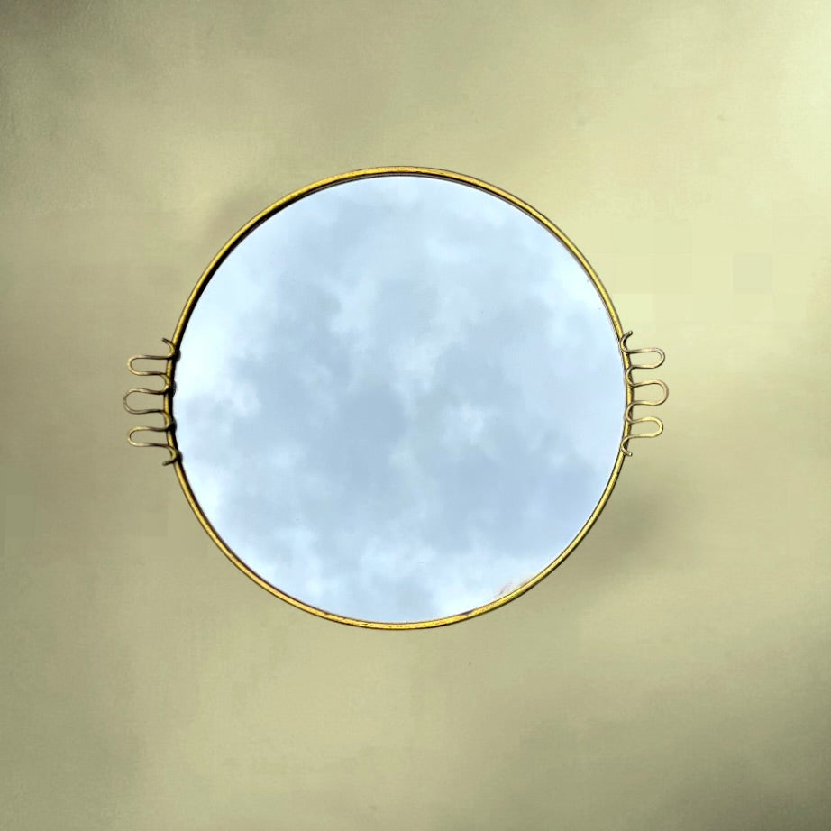 Plateau Miroir Rond en Métal Doré Style Josef Frank - Années 50 60
