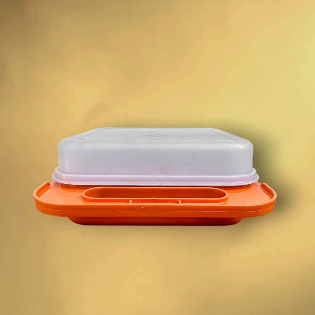 Boite lunch Tupperware vintage orange motif panneaux routiers lunch box années 70 (Copie)